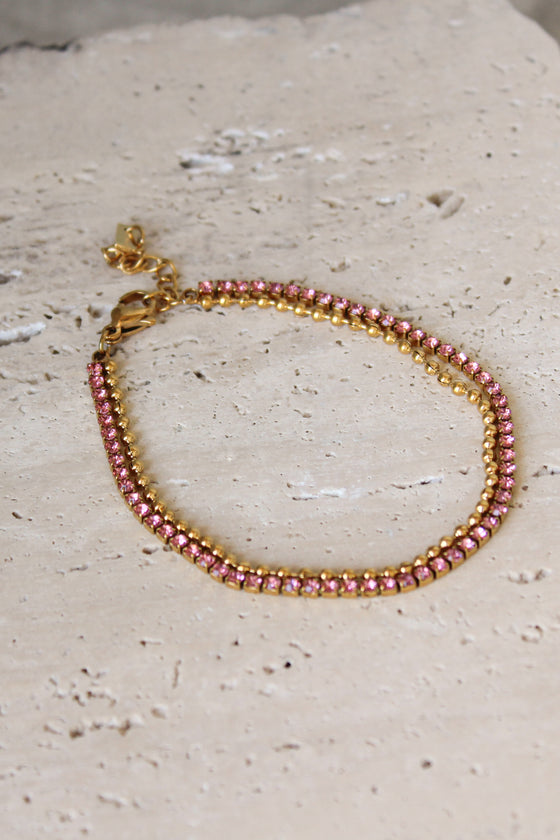 Pulsera Doble Cuentas Doradas y Circonias Rosas