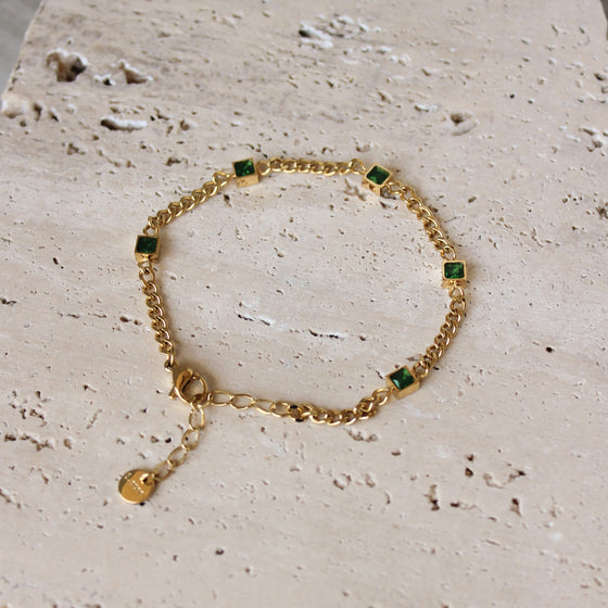Pulsera Cadena Dorada y Circonias Verdes