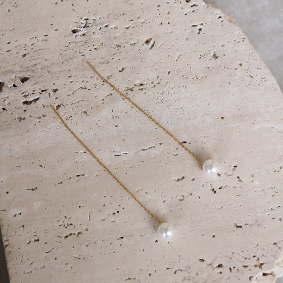 Aretes Largos Delgados Con Perla