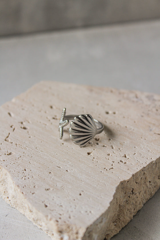Anillo Starfish y Shell Plateado